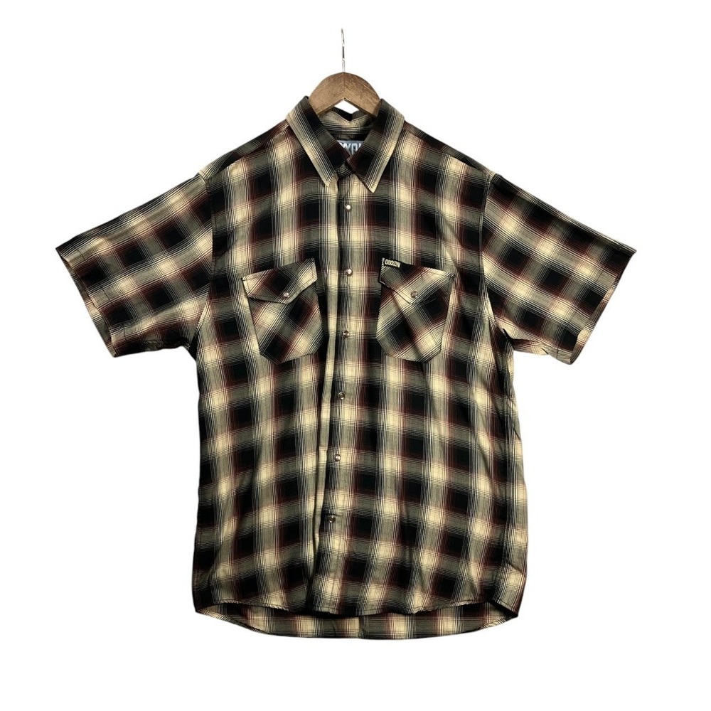 Dixxon Mens Whittier Blvd Bamboo Shirt L Black Plaid Short Sleeve Snap Button LA